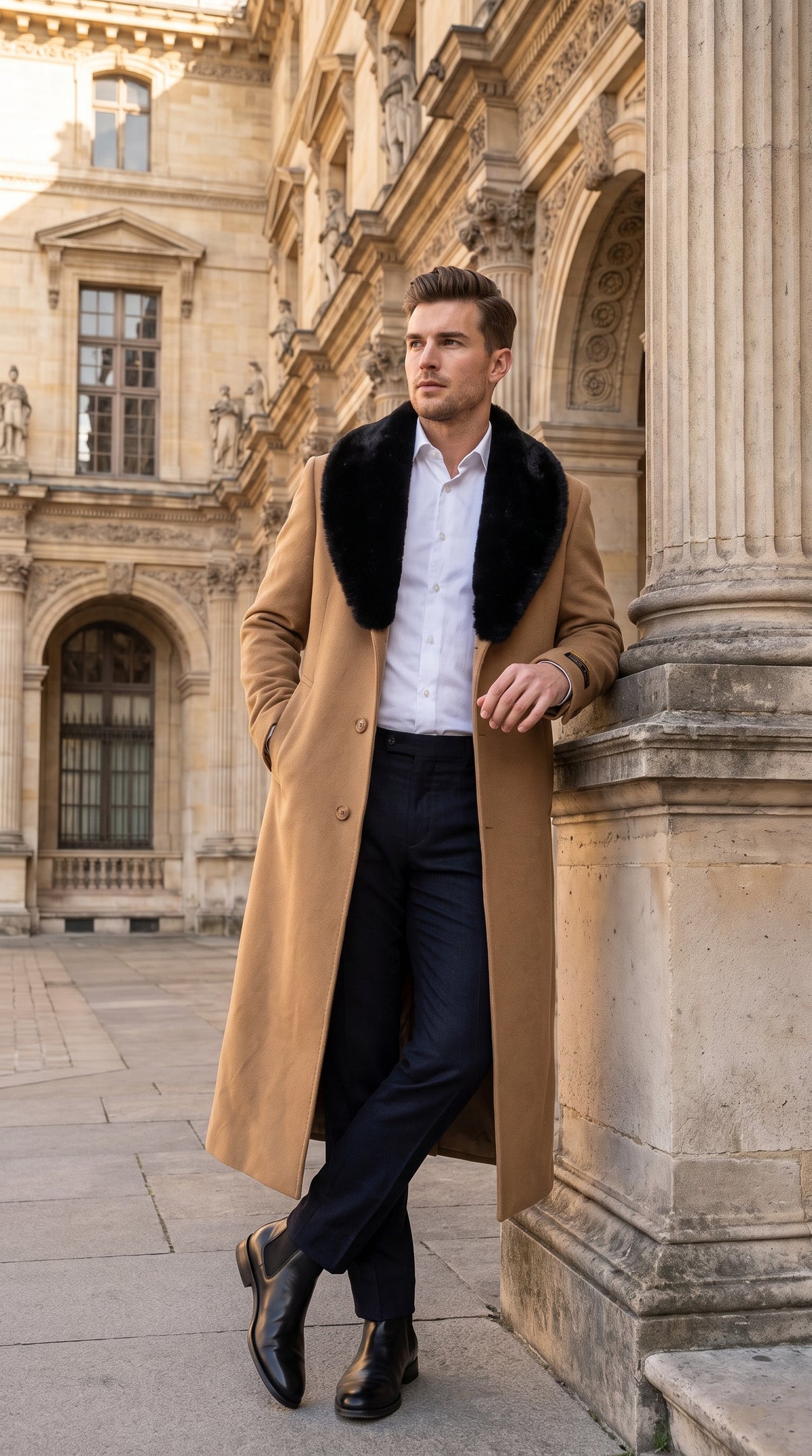 Men’s Camel Wool Full-Length Top Coat with Black Fur Collar – Classic Winter Overcoat