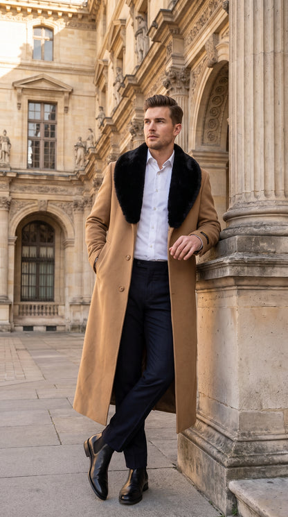 Men’s Camel Wool Full-Length Top Coat with Black Fur Collar – Classic Winter Overcoat