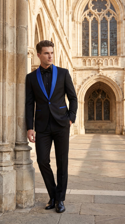 Men’s Black One-Button Suit with Royal Blue Shawl Lapel – Prom & Formal Suit