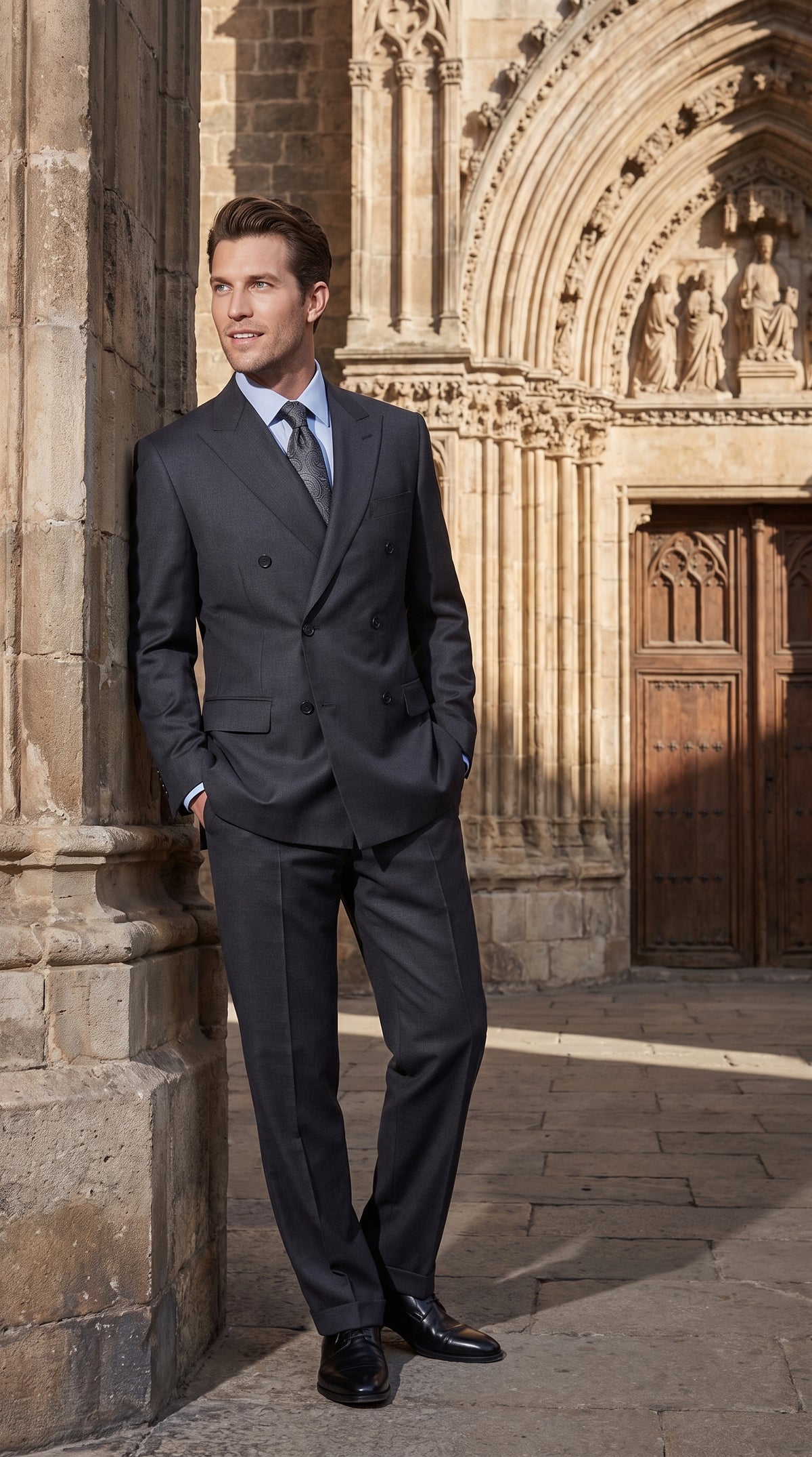 Men’s Dark Grey Double-Breasted Wool Suit – Peak Lapel, Side Vent & Pleated Pants Formal Suit