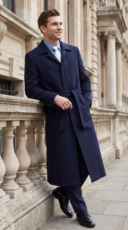 Men's Navy Blue Full Length Belted Overcoat – Classic Long Winter Dress Coat with Waist Belt