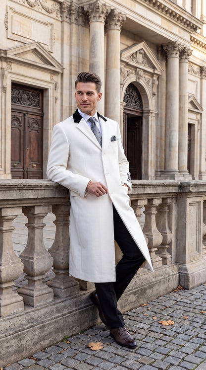 Men’s White Chesterfield Overcoat – Full-Length Wool & Cashmere Dress Coat