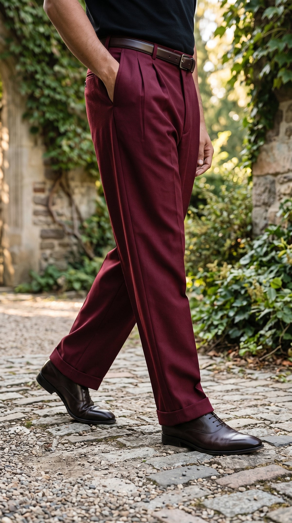 Pacelli Men’s Burgundy Pleated Wide Leg Dress Pants, Wine Maroon Baggy Fit Slacks with Unhemmed Bottoms