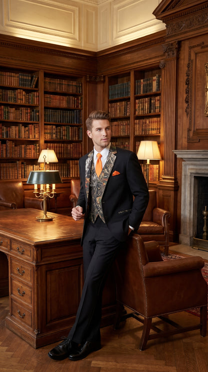 Men’s Black Camo Tuxedo Suit, Slim Fit 2 Button Wedding Prom Suit with Camouflage Vest and Lapels
