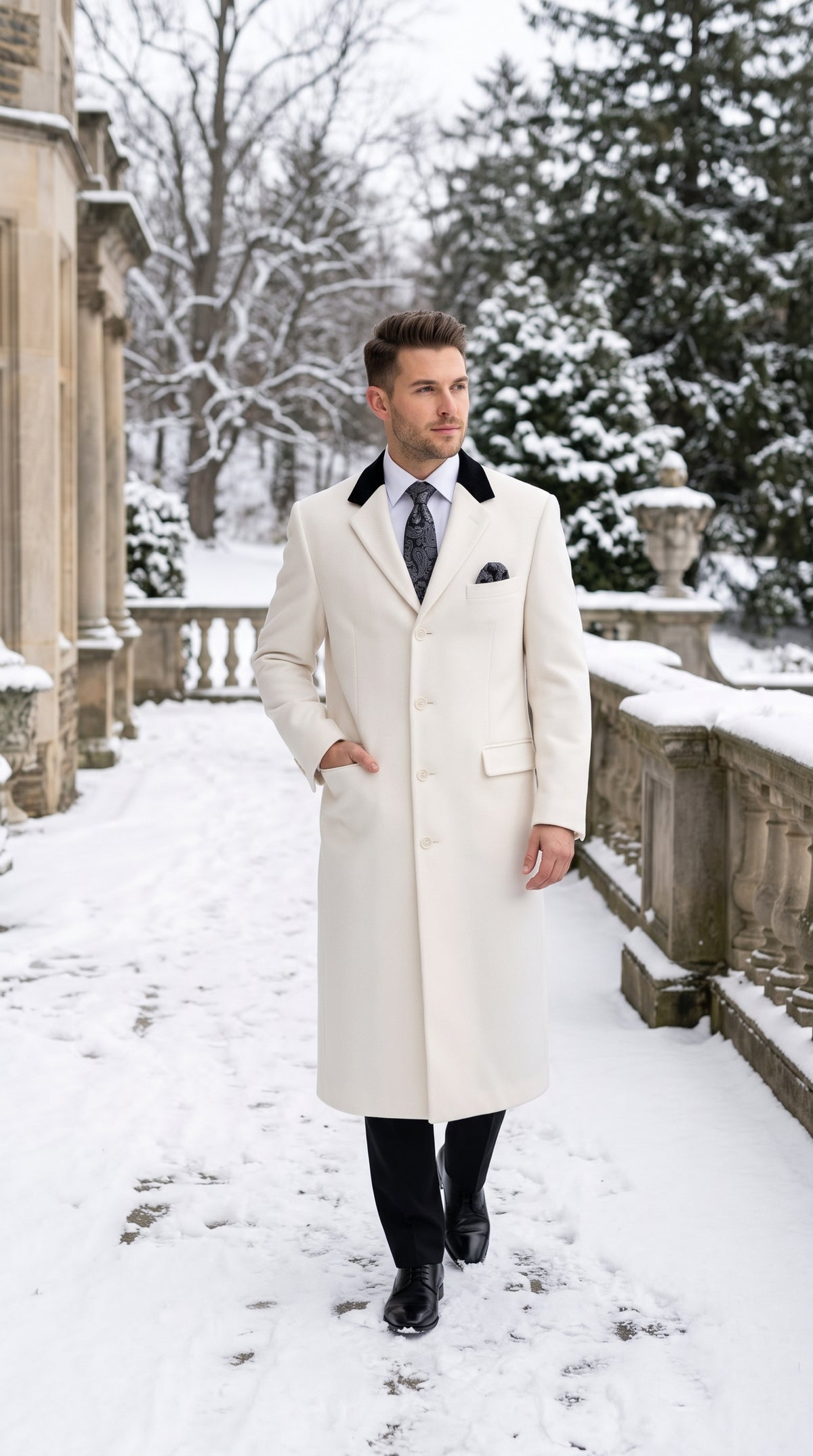 Men’s Winter White Chesterfield Overcoat, Wool and Cashmere Full Length Dress Coat