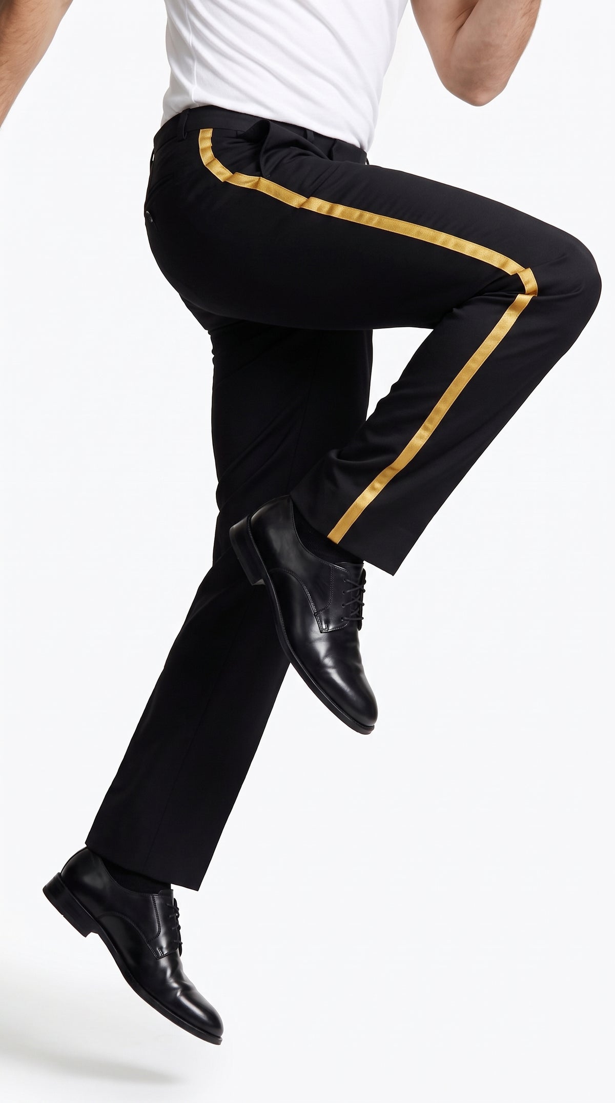 Men’s Black Tuxedo Pants with Gold Side Stripe – Flat Front Formal Dress Pants