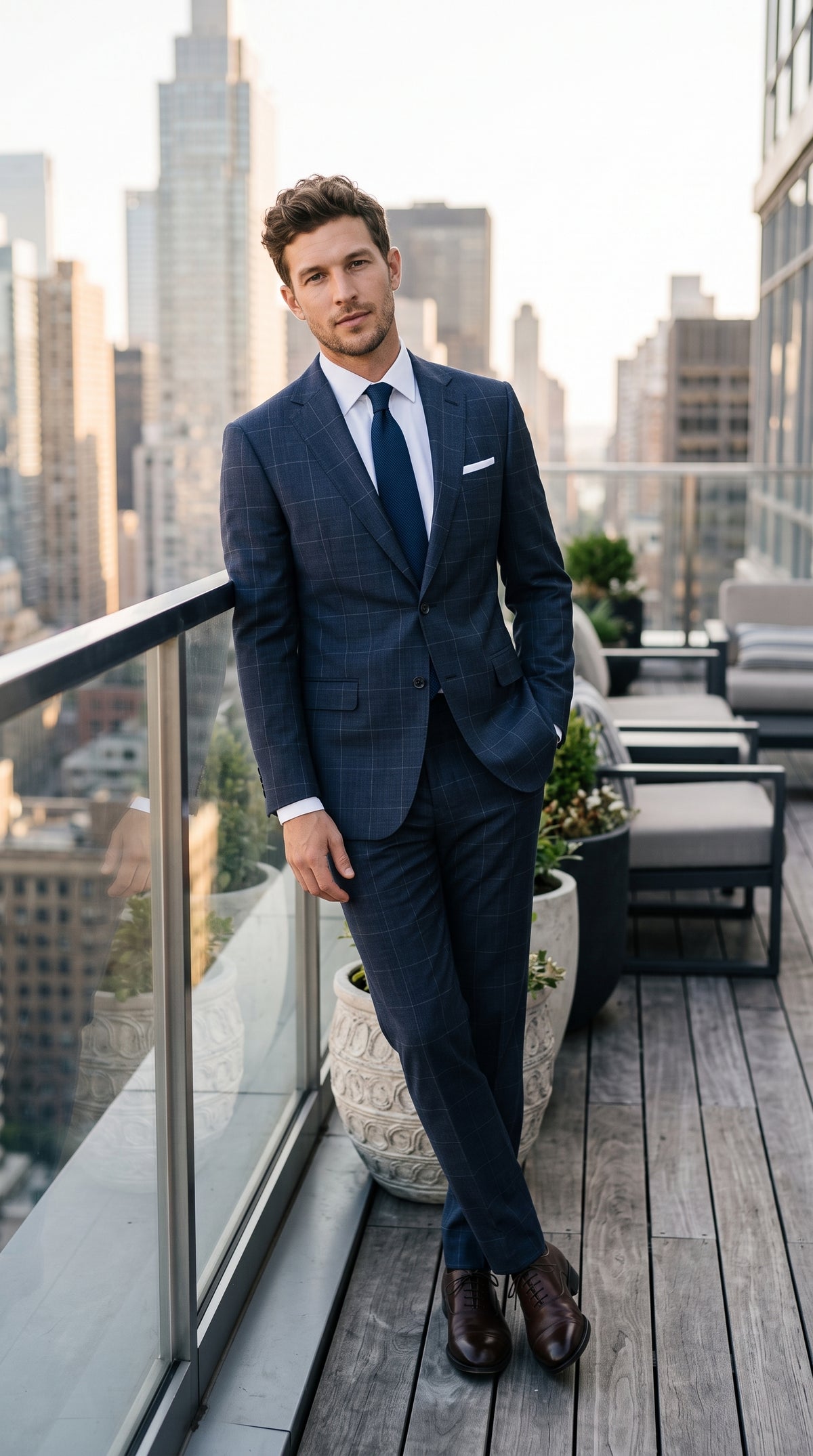 Statement Men’s Navy Windowpane 2 Piece Wool Suit, Modern Fit Super 200s Formal Business Suit