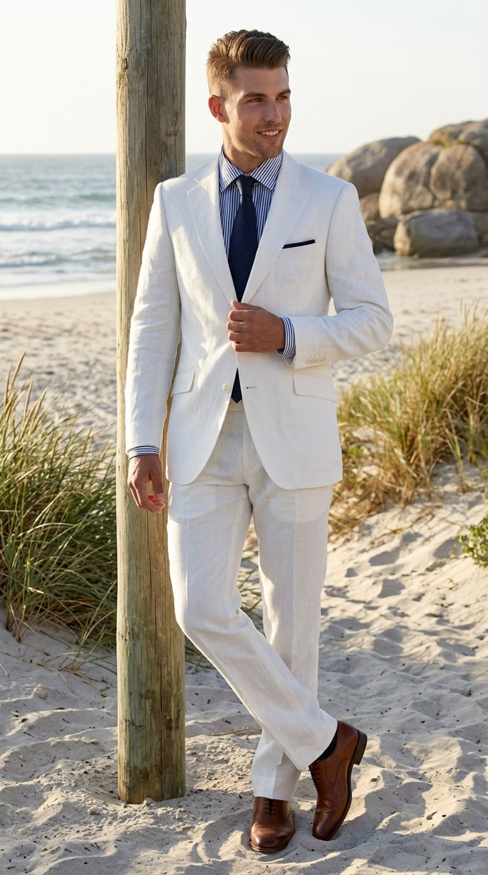 Men’s White Lightweight Linen 2 Button Suit, Formal Wedding Beach Summer Suit Set Modern Fit