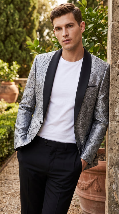 Alberto Nardoni Men's Silver Gray & Black Paisley Sequin Tuxedo Suit with Black Satin Shawl Lapel