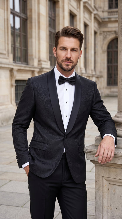 Men’s Black Fancy Pattern Sport Coat – One Button Formal Dinner Jacket with Shawl Lapel