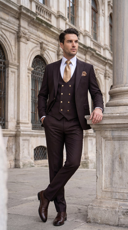 Rossi Man Max Chocolate Brown 3-Piece Suit – Men’s Formal Suit with Double-Breasted Vest & Gold Buttons