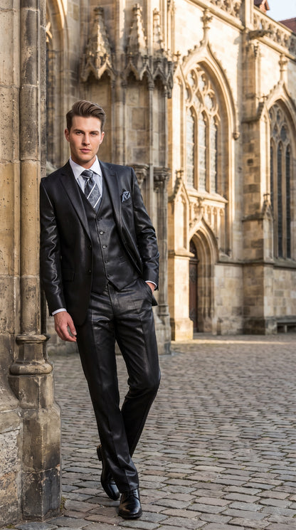 Men's Black Shiny Sharkskin 3-Piece Vested Suit – Flashy Satin Finish Formal Wedding, Prom & Party Suit