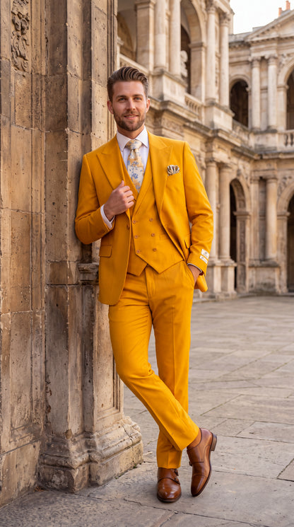 Rossi Man ELI RM103 – Men’s Bold Yellow Modern Fit 3-Piece Suit with Peak Lapel