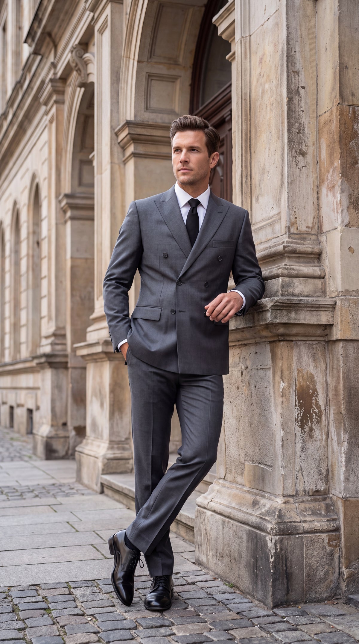 Men’s Grey Double Breasted Suit – 6 Button Classic Fit Formal Business Wedding Suit