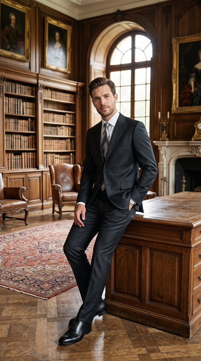 Men's Extra Fine Wool Black Suit – Classic 2 Button Peak Lapel Formal Business & Wedding Suit (Also Available in Dark Navy)