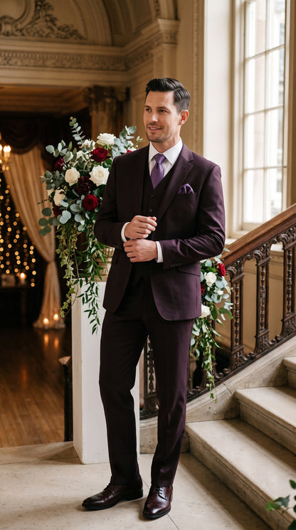 Statement Men’s Plum Eggplant 2 Button Modern Fit Suit, Italian Style Wool Formal Wedding Business Suit