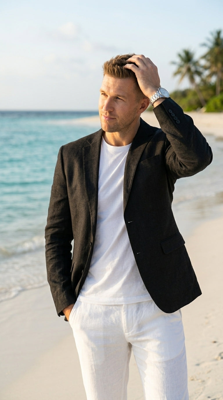 Men’s Black Lightweight Linen Blazer, Summer Business Casual Wedding Sport Coat Jacket