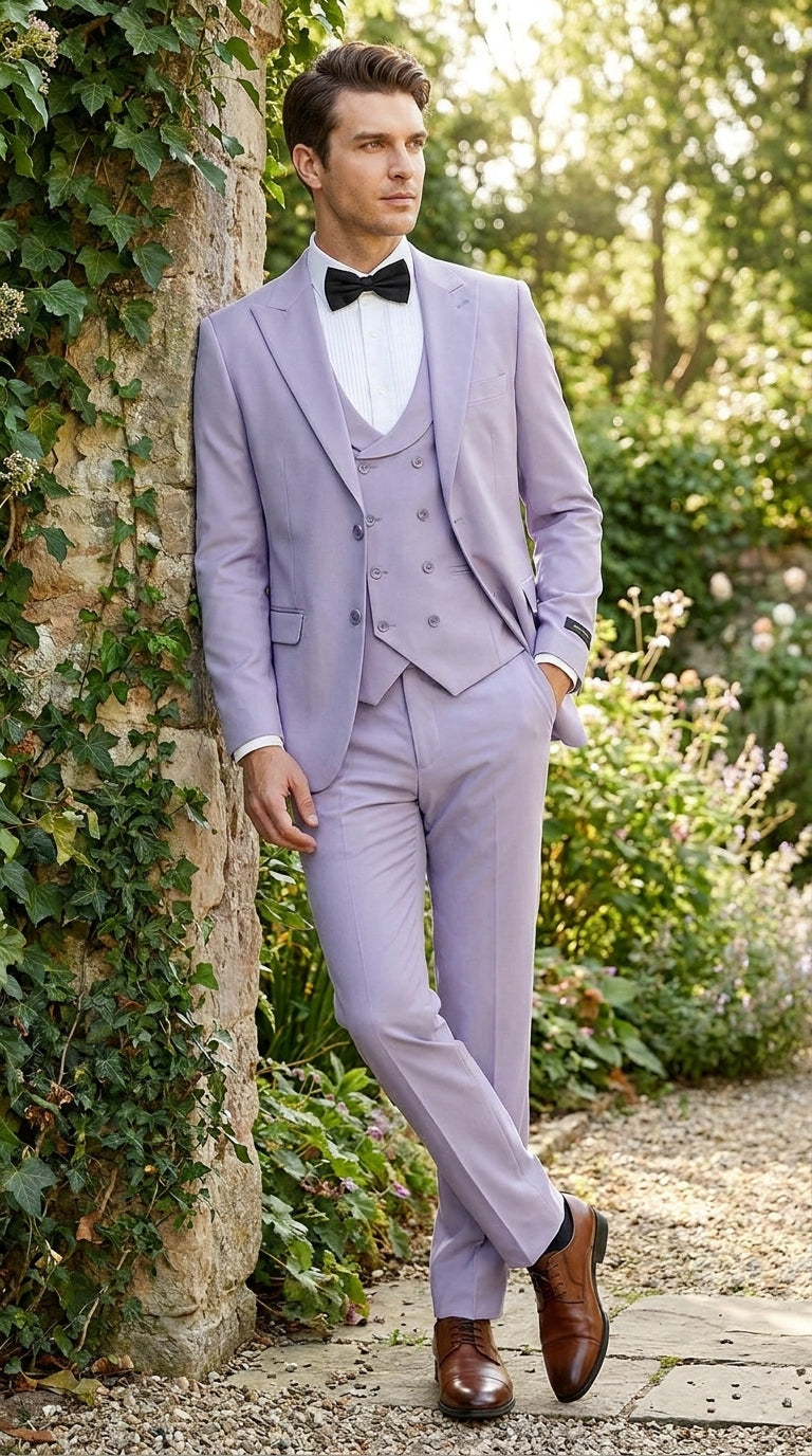 Men’s Lavender Modern Fit 3 Piece Suit, Two Button Vested Peak Lapel Graduation Wedding Prom Suit