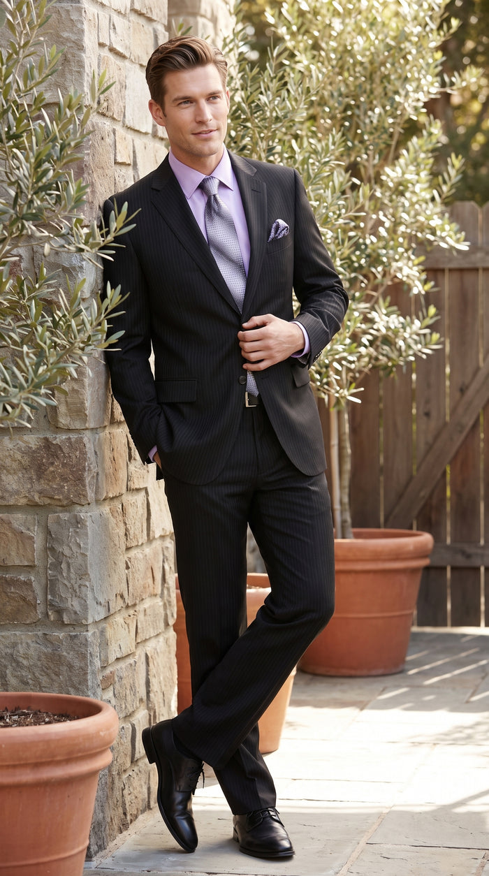 Men’s Black Tone on Tone Shadow Stripe 2 Button Suit, Two Piece Business Dress Suit
