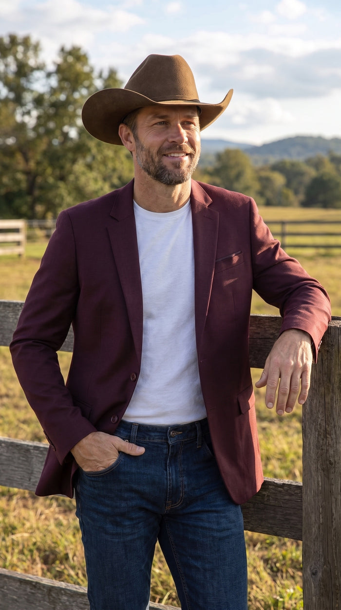 Men’s Burgundy Western Cowboy Blazer, Stretch Date Night Dress Jacket for Men