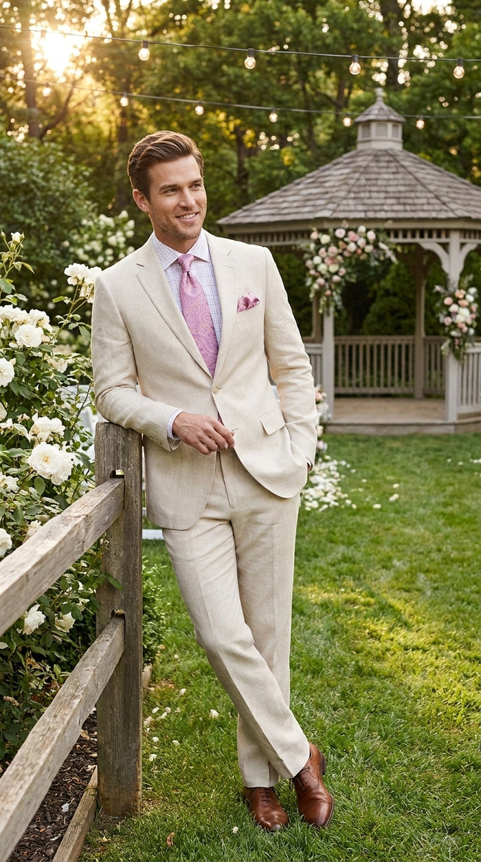 Men’s Natural Linen 2 Piece Suit, Regular Fit Summer Wedding Beach Dress Suit