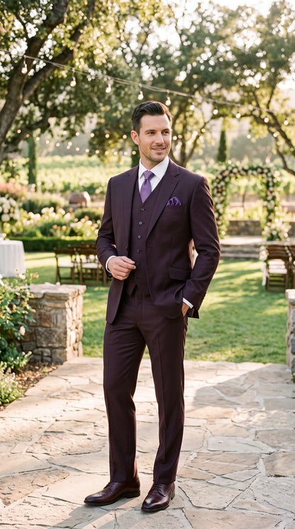 Statement Men’s Plum Eggplant 2 Button Modern Fit Suit, Italian Style Wool Formal Wedding Business Suit