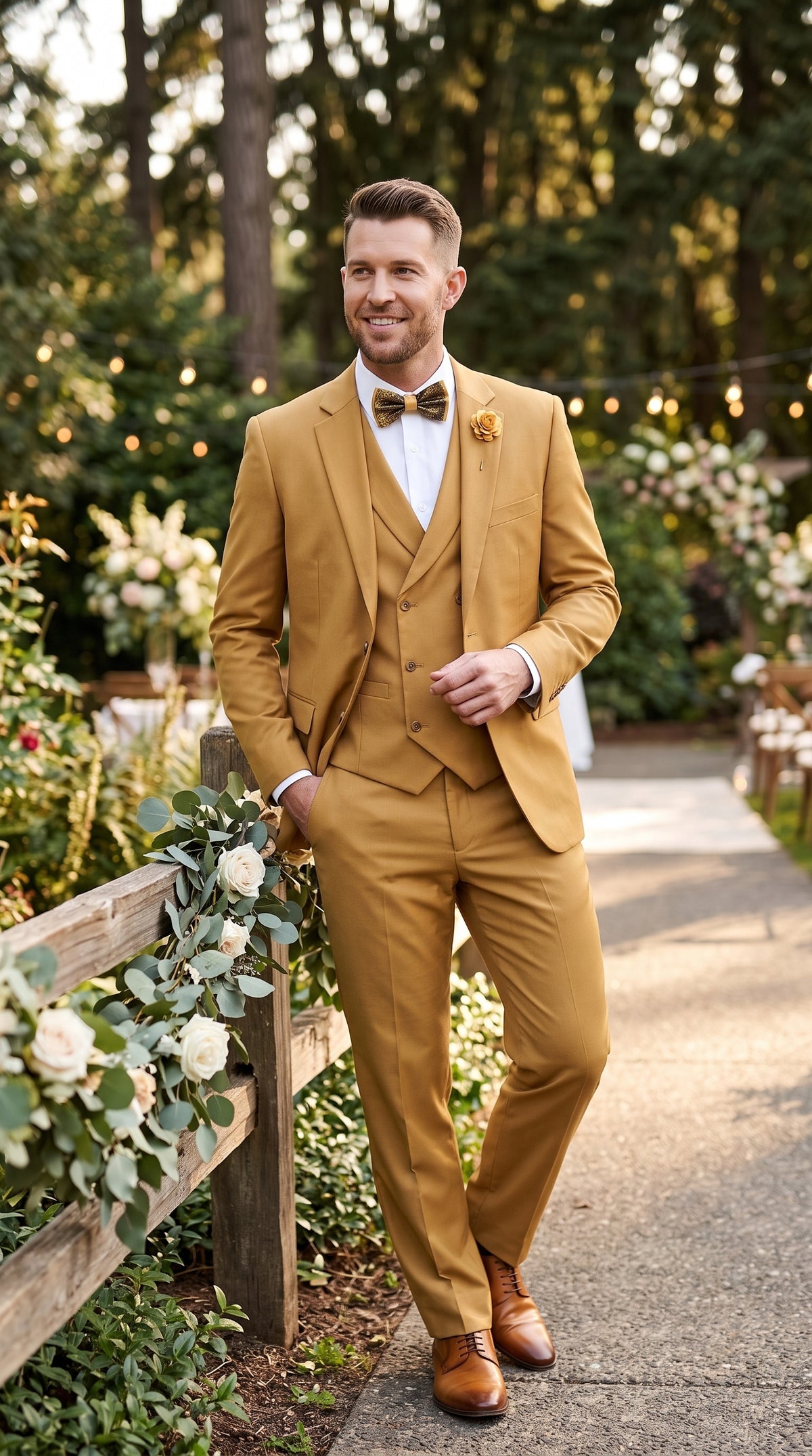 Men’s Camel Classic Fit 3 Piece Suit, Vested Formal Wedding Prom Suit with Knee Lined Pants