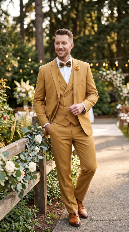 Men’s Camel Classic Fit 3 Piece Suit, Vested Formal Wedding Prom Suit with Knee Lined Pants