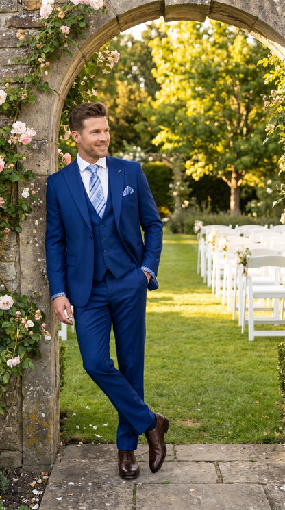 Men’s Royal Blue 3 Piece Vested Suit, 2 Button Peak Lapel Formal Wedding Prom Business Suit