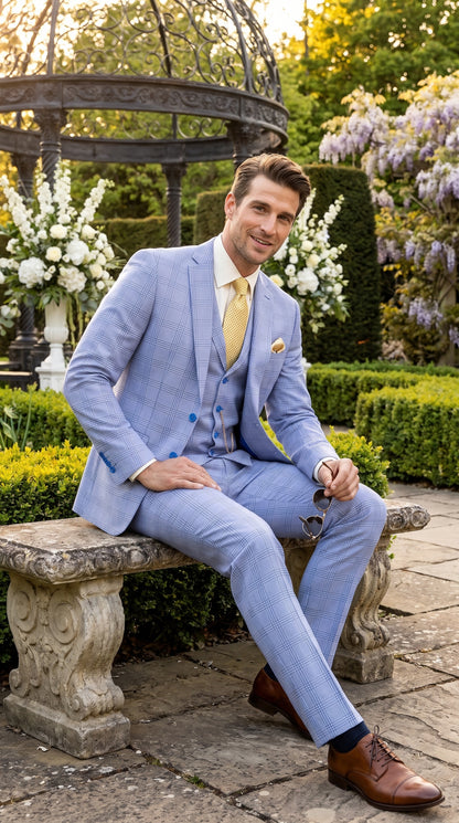 Men’s Sky Blue Glen Plaid 3 Piece Suit SV2W6, Windowpane Checkered Vested Formal Wedding Prom Suit