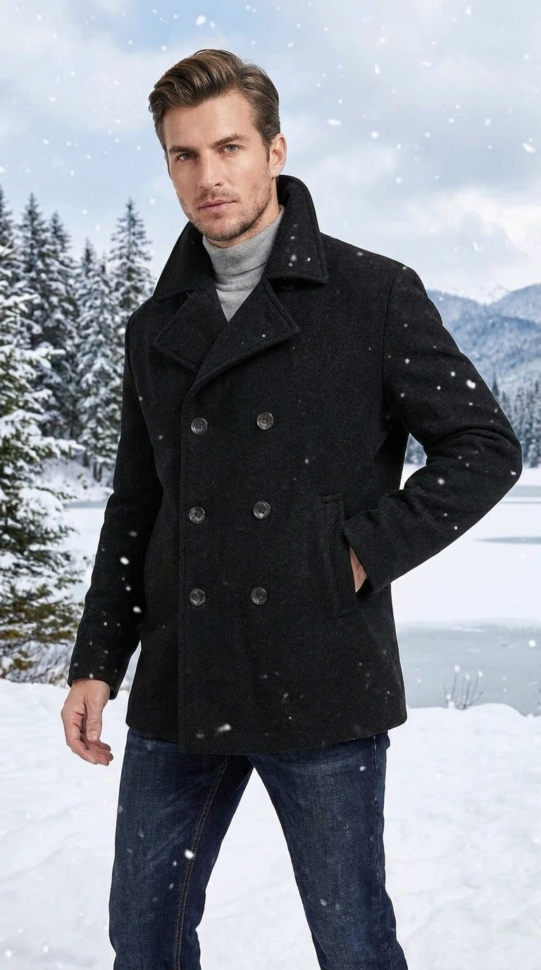 Men’s Black Big and Tall Wool Peacoat – Regular Fit Double-Breasted Winter Coat
