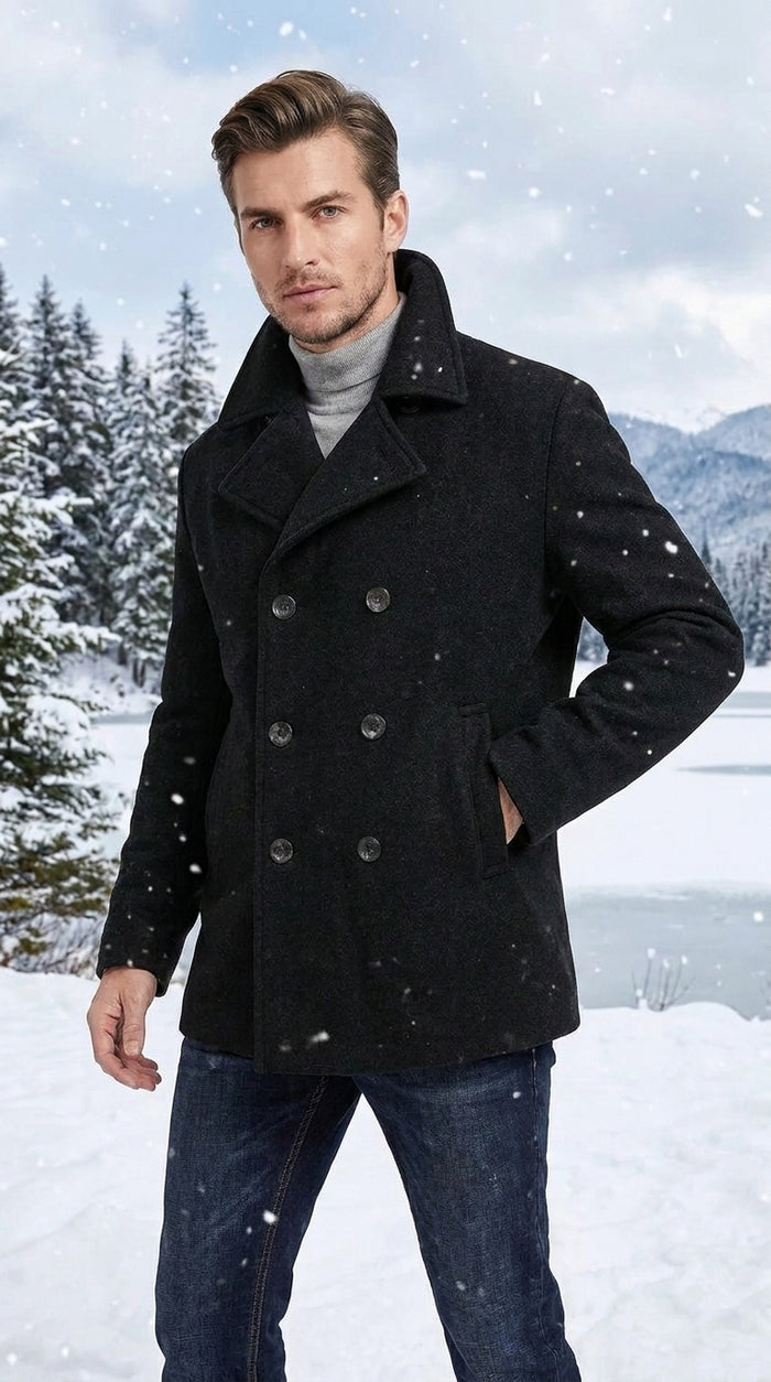 Men’s Black Big and Tall Wool Peacoat – Regular Fit Double-Breasted Winter Coat