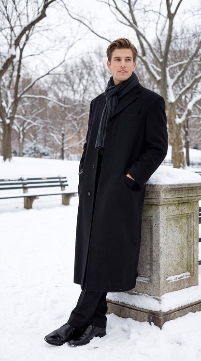 Alberto Nardoni Men’s Black Full Length Cashmere Blend Overcoat, Loro Piana Fabric Winter Dress Topcoat