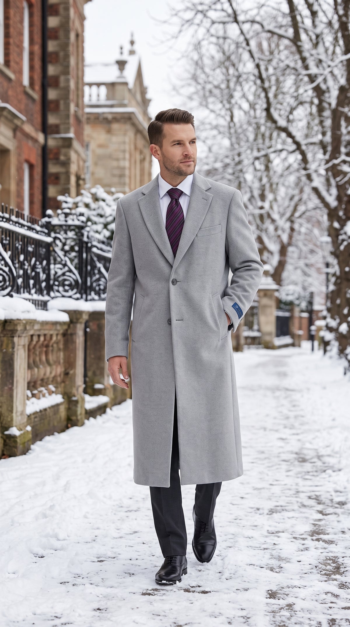 Men’s Gray Two Button Long Overcoat, Winter Dress Topcoat Formal Coat