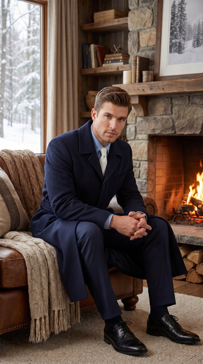 Men's Navy Blue Full Length Belted Overcoat – Classic Long Winter Dress Coat with Waist Belt