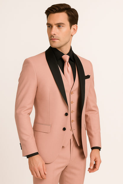 Men's Light Pink 3-Piece Tuxedo Suit with Black Satin Shawl Lapel – Formal Wear - Ultra Slim Fitted in Blush color - Image 4