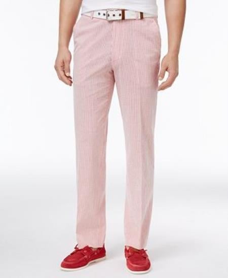 September-30-2021 Mens Slim-Fit Stretch Red/White seersucker ~ sear sucker Suit Men's Tapered Men's Dress Pants - Cheap Priced Dress Slacks For Men On Sale