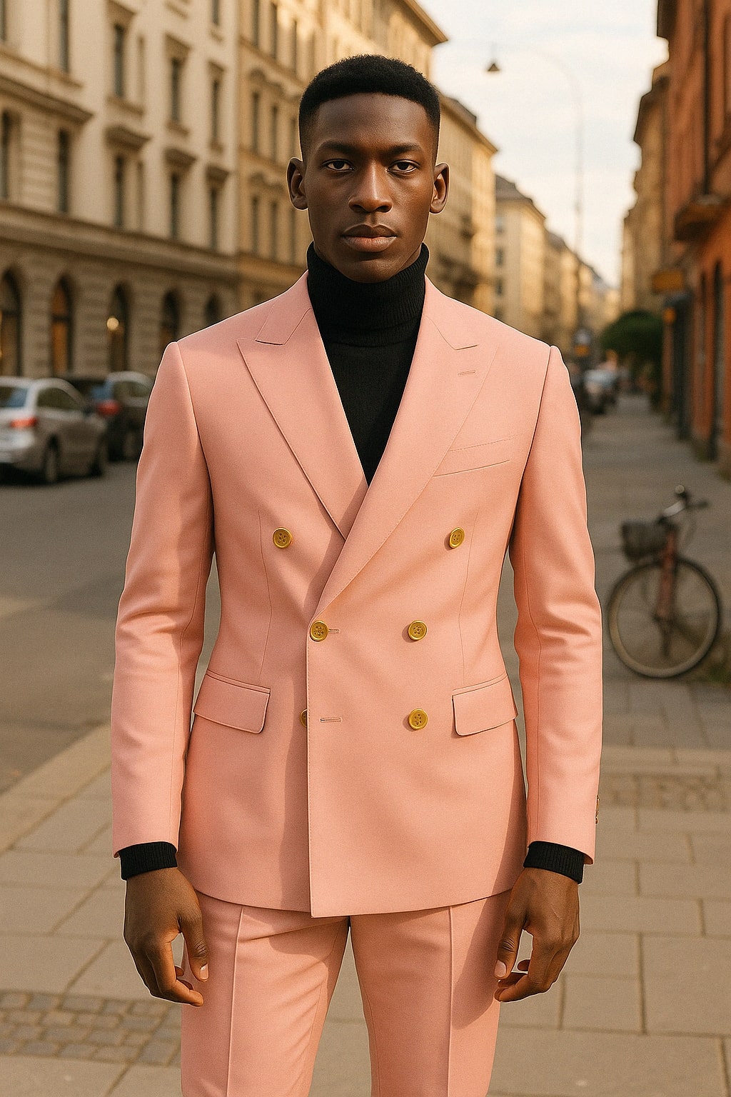 Mens Pink Double-Breasted Suit with Gold Buttons Modern Fit
