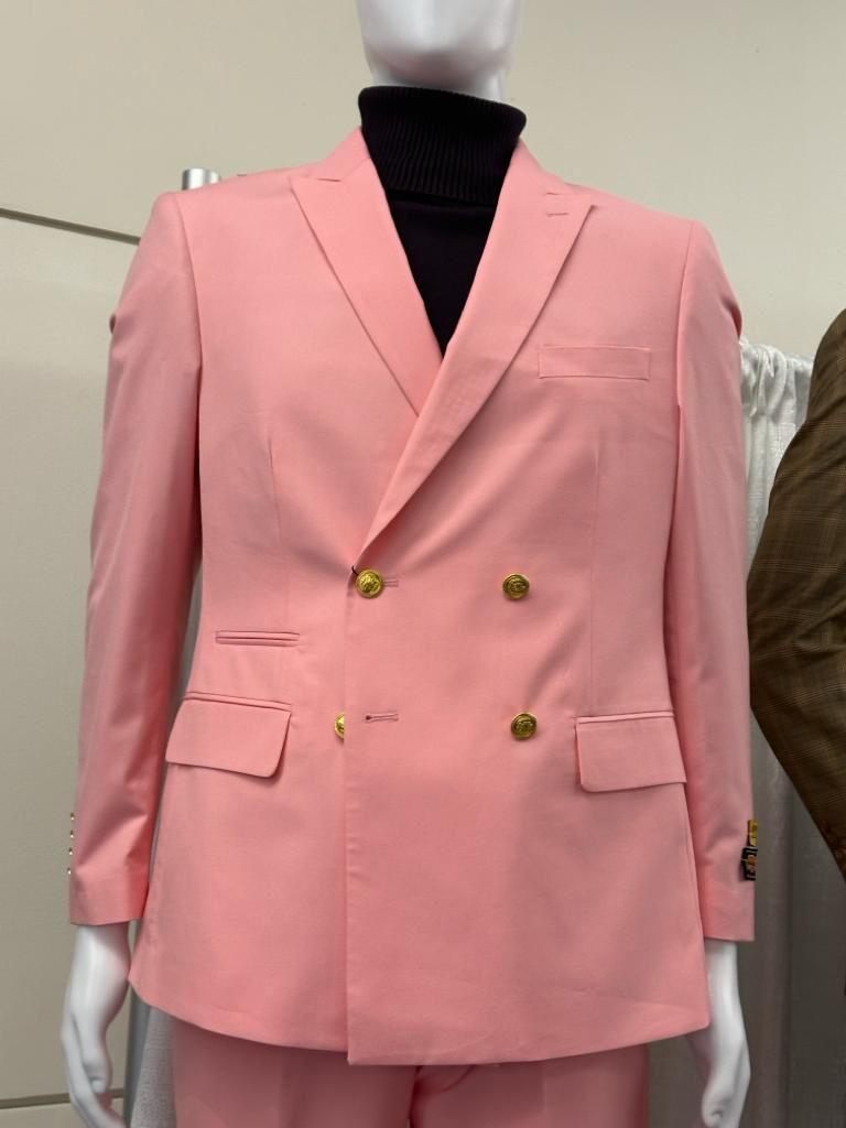 Mens Pink Double-Breasted Suit with Gold Buttons Modern Fit