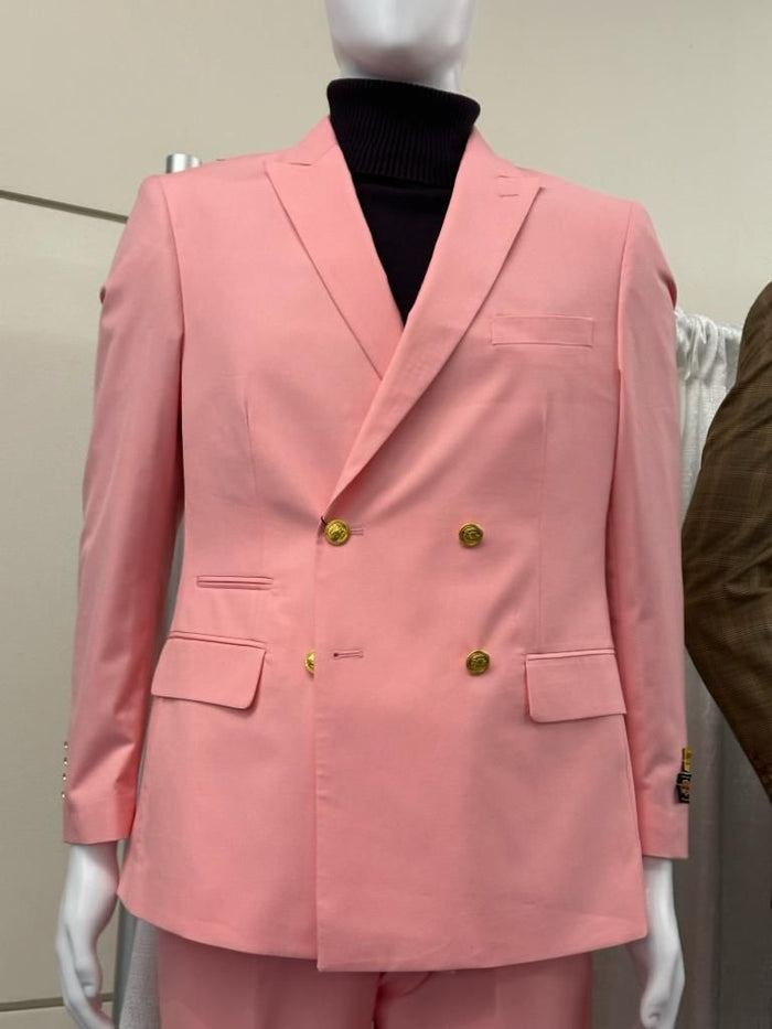 Mens Pink Double-Breasted Suit with Gold Buttons Modern Fit