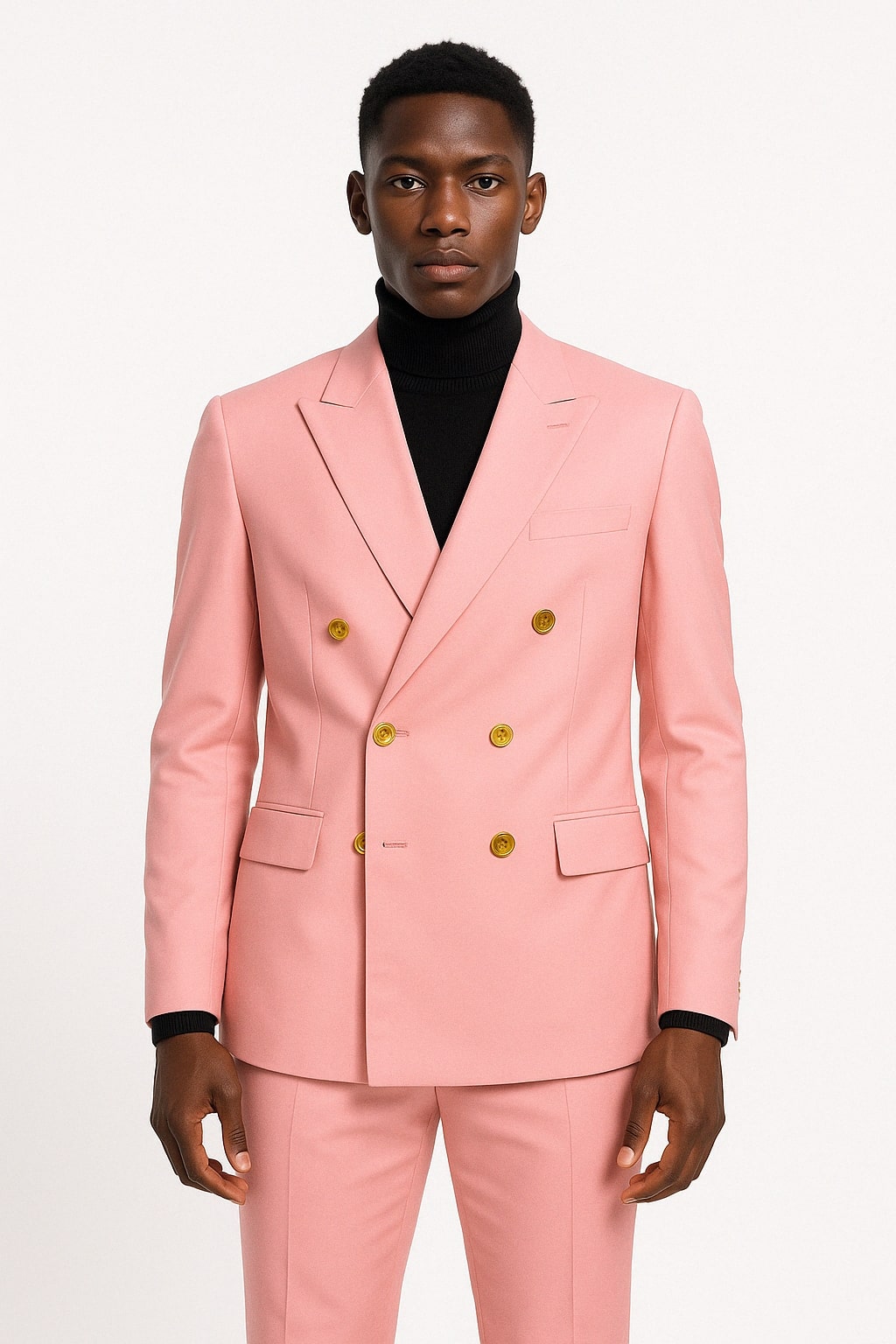 Mens Pink Double-Breasted Suit with Gold Buttons Modern Fit