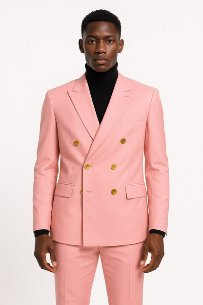 Mens Pink Double-Breasted Suit with Gold Buttons Modern Fit