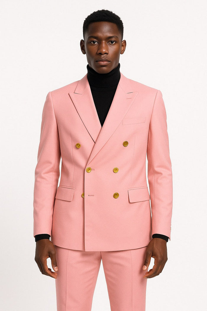 Mens Pink Double-Breasted Suit with Gold Buttons Modern Fit