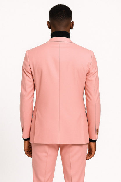 Mens Pink Double-Breasted Suit with Gold Buttons Modern Fit