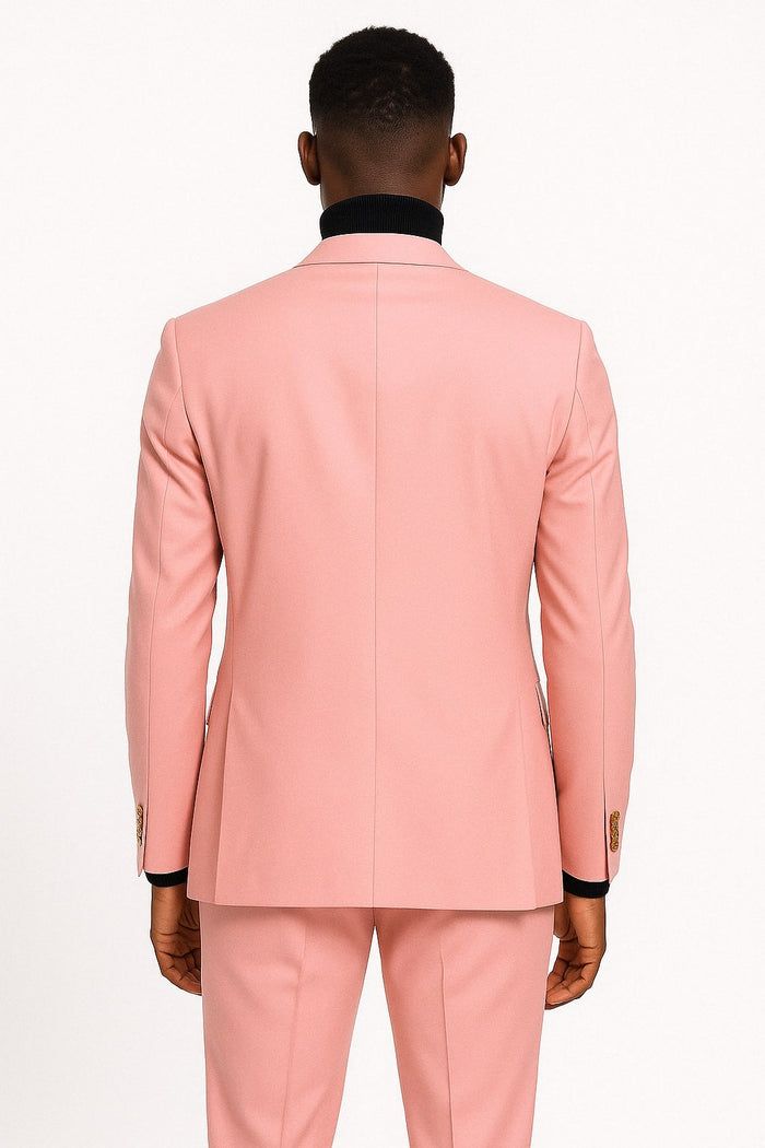 Mens Pink Double-Breasted Suit with Gold Buttons Modern Fit