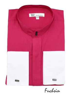 Fashion Hidden Buttons French Cuff Mandarin Collarless Dress Fuchsia ~ fuschia~ hot Preacher Round Style Pink Men's Dress Shirt