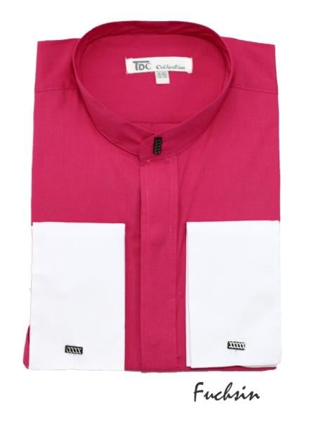 Fashion Hidden Buttons French Cuff Mandarin Collarless Dress Fuchsia ~ fuschia~ hot Preacher Round Style Pink Men's Dress Shirt