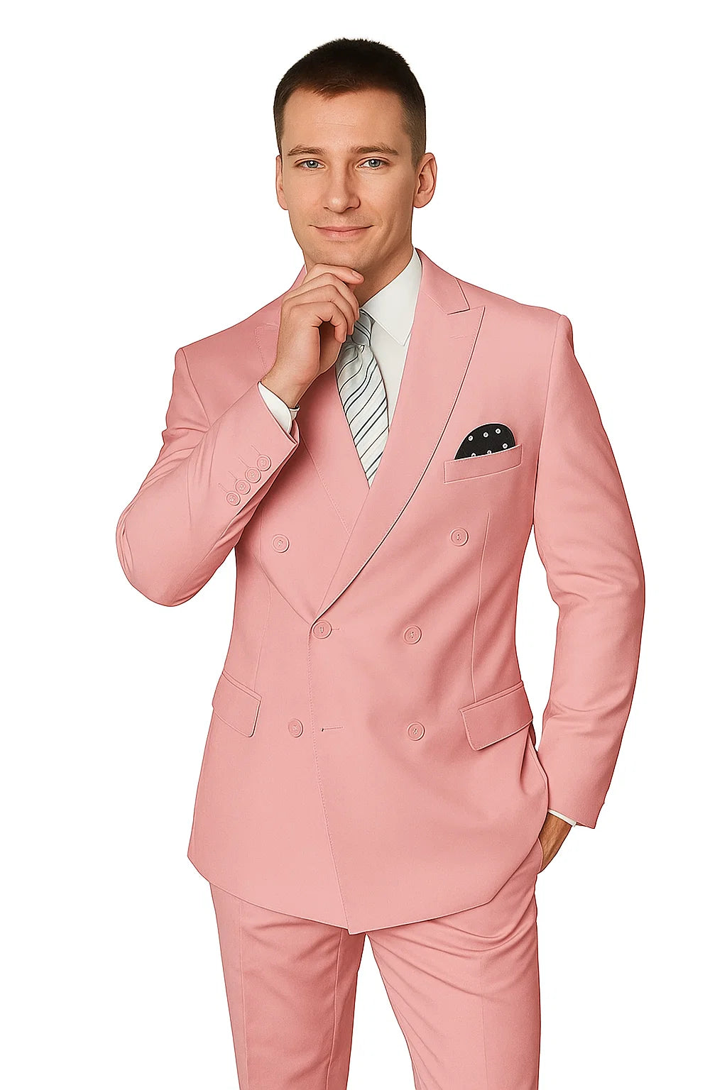 Elegant Men’s Double-Breasted Wool Suit in Soft Blush Pink - Image 2