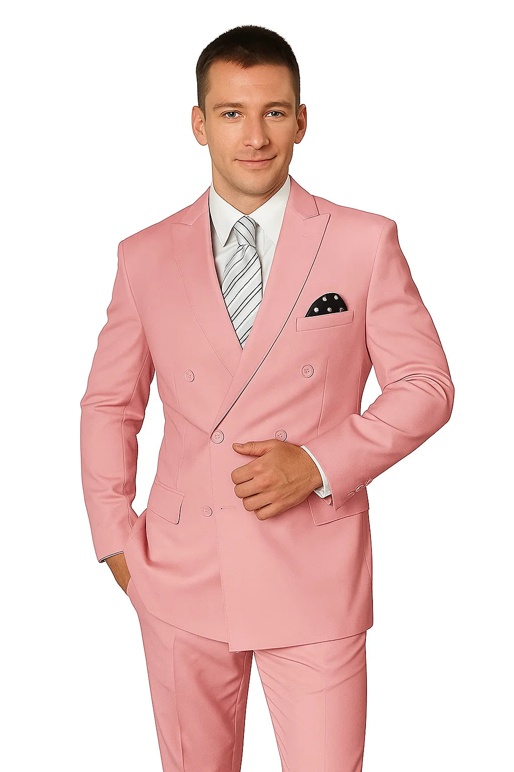 Elegant Men’s Double-Breasted Wool Suit in Soft Blush Pink - Image 3