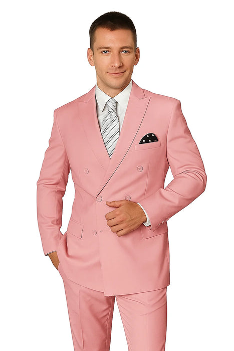 Elegant Men’s Double-Breasted Wool Suit in Soft Blush Pink